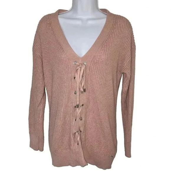 Guess Lace Up Sweater Women Large Pink Pullover Knit Long Sleeve Y2K Preppy - Picture 2 of 4
